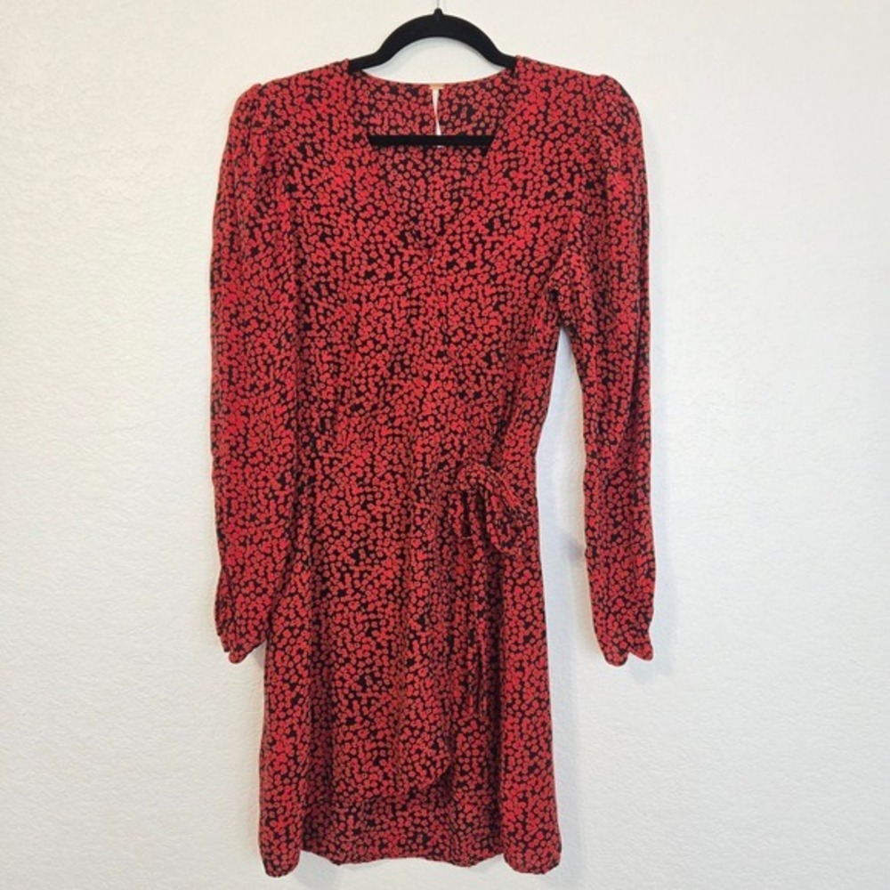 Free‎ People 4 Kinsley Wrap Dress Red Black Floral Print Long Sleeve Mini